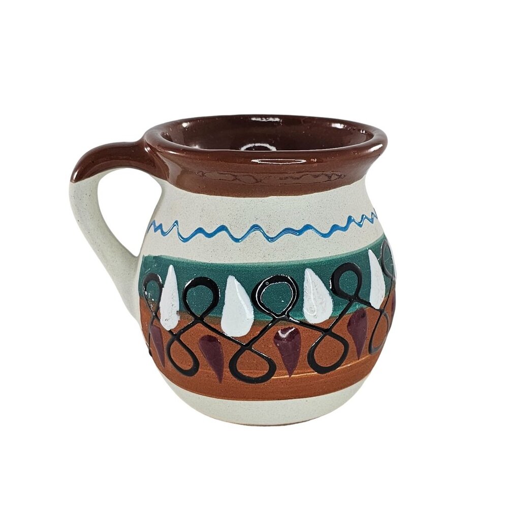 Hand-Painted Mexican Clay Pottery Jarrito Little Jug Glazed Coffee Mug Signed